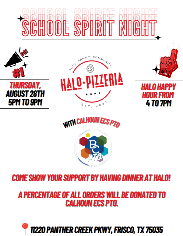 Please join us for our first PTO Spirit Night at Halo Pizzeria tomorrow from 5:00pm-9:00pm. We hope to see you there!