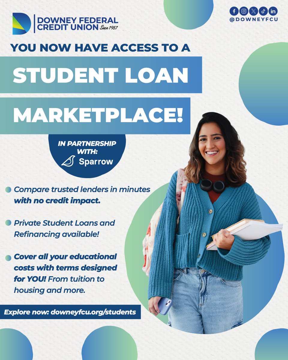 📢 Members: Student loans just got easier! 🎓 Our NEW Student Loan Marketplace, powered by Sparrow, gives you multiple lenders, one platform, and #MoneySmart choices for your educational journey. Ready to take control of your student loans? Start here: downeyfcu.org/students 🚀