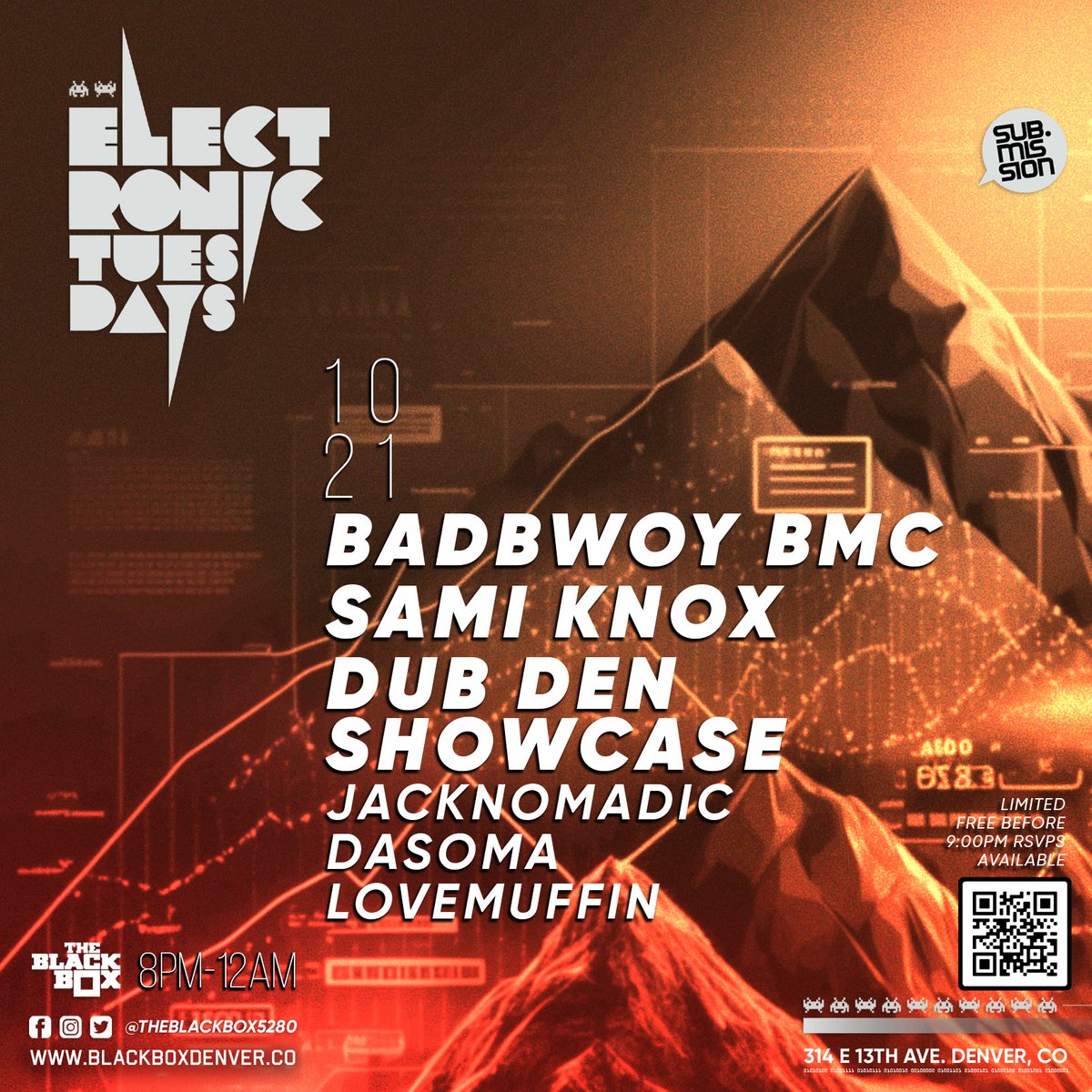 Just announced at <a href="/TheBlackBox5280/">The Black Box</a> 
--
10.21
Sub.mission Electronic Tuesdays:
<a href="/badbwoybmc/">billz</a> 
<a href="/samiknoxsounds/">Sami Knox</a> 
<a href="/dubdenrecords/">Dub Den Records</a> 

Weekly DJ Battle:
JackNomadic vs. Dasoma vs. lovemuffin
--
Tickets on-sale at 11:00am MST on Friday
bit.ly/DubDenOct21