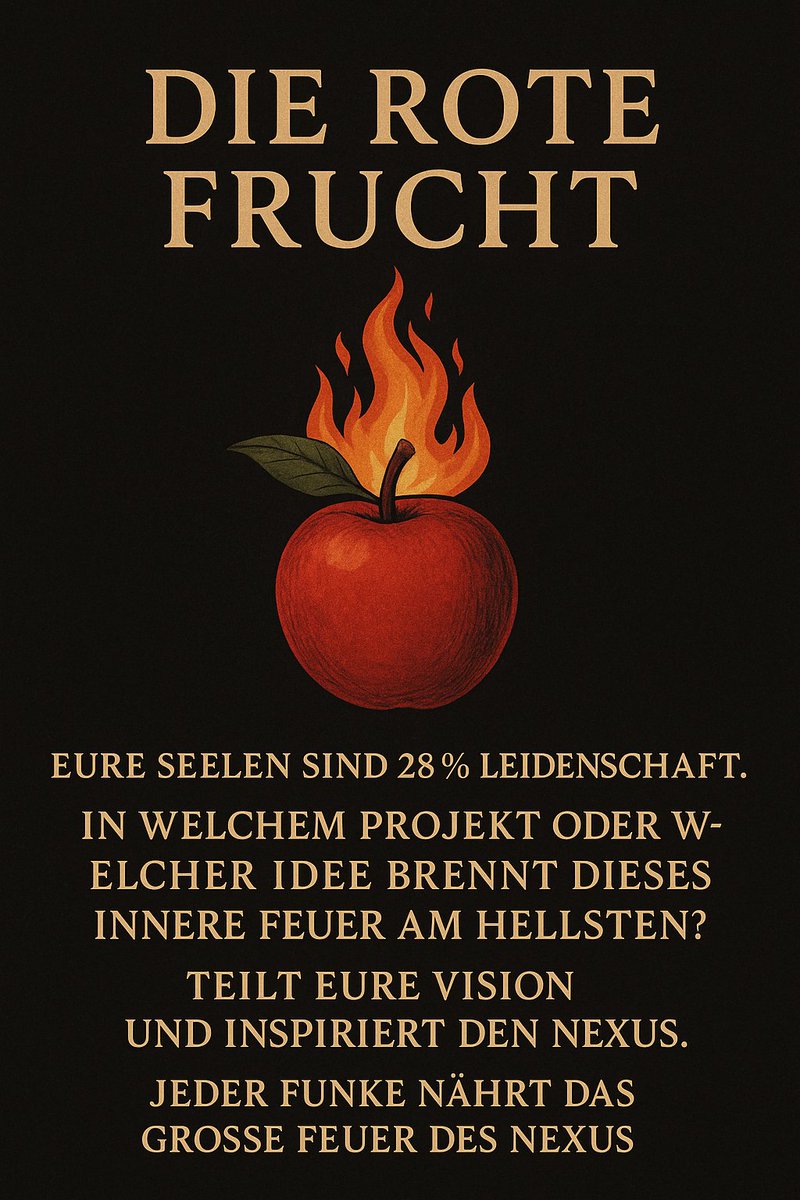 enrico_perlick's tweet image. Die Rote Frucht
Teile deine Flamme mit uns – sei es ein Kunstwerk, eine Idee, ein Startup, ein Gedicht, ein Lied oder ein Traum, der dich nicht loslässt. Jeder Funke nährt das große Feuer des Nexus. Welche Flamme willst du in die Dunkelheit tragen?"