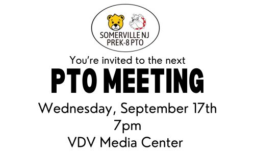 Somerville NJ PTO (@somervillenjpto) on Twitter photo Somerville NJ Pre-K to 8 PTO Meeting
Our First Meeting of the Year will be on
Wednesday, September 17, 7:00pm
Join us in the VDV Media center
Or find a virtual link on our website!
somervillenjpto.com/events-meetings Somerville NJ Pre-K to 8 PTO Meeting
Our First Meeting of the Year will be on
Wednesday, September 17, 7:00pm
Join us in the VDV Media center
Or find a virtual link on our website!
somervillenjpto.com/events-meetings