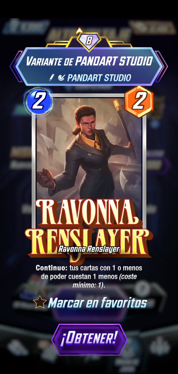 Últimas variantes conseguidas:

⌛️ Kang de Eric Guerrero de recompensa de High Voltage.
⚔️ Angela de Dan Hipp de recompensa de la alianza.
🦖 The Thing de Eduardo Mello del nivel 47 del pase de temporada.
⏰ Ravonna Renslayer de Pandart de recompensa de High Voltage.

#MarvelSnap