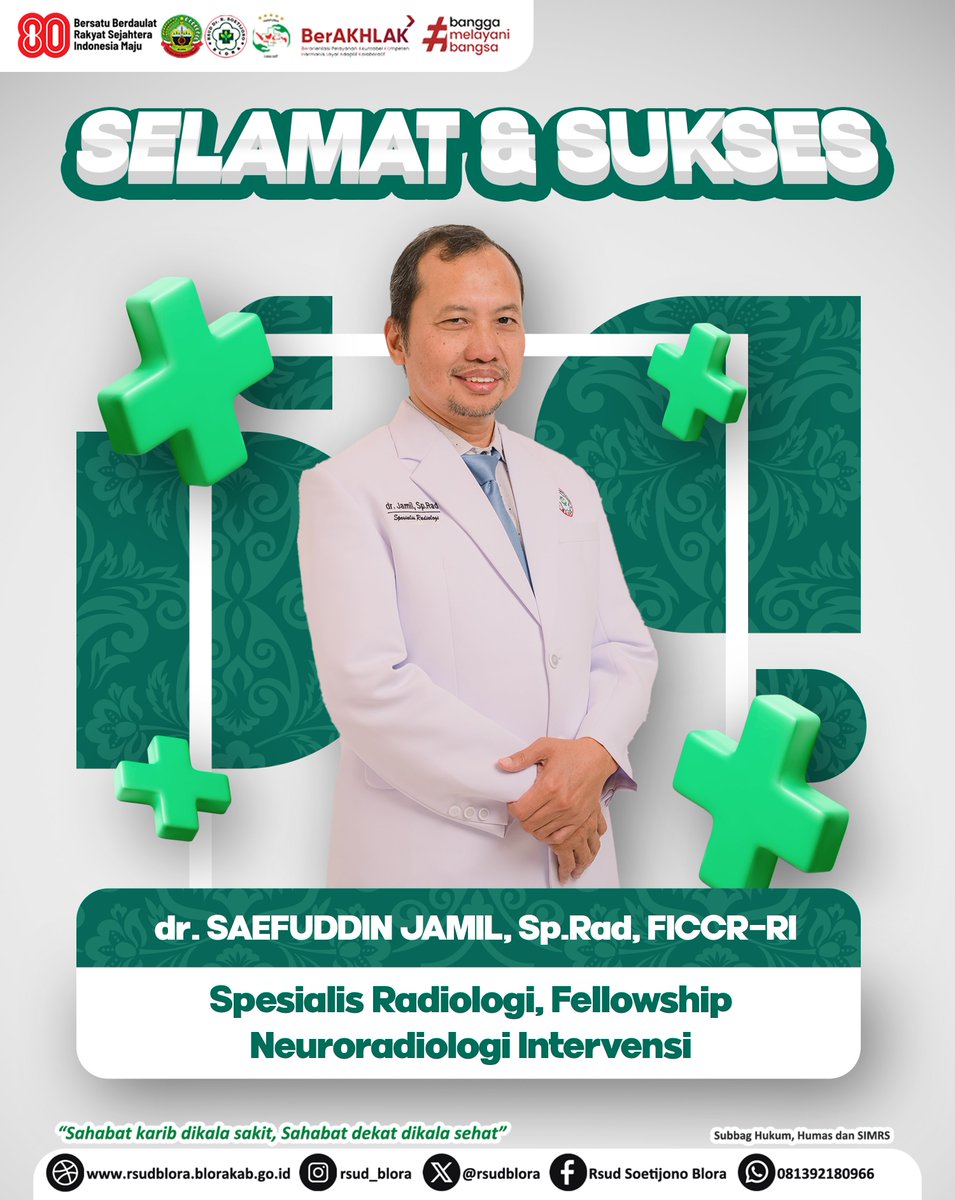📣 Kabar Baik dari RSUD dr. R. Soetijono Blora!
Kami mengucapkan selamat kepada dr. SAEFUDDIN JAMIL, Sp. Rad, FICCR-RI, yang telah menyelesaikan Fellowship Neuroradiologi Intervensi.
Terima kasih atas dedikasi dan komitmennya untuk terus belajar dan mengabdi.