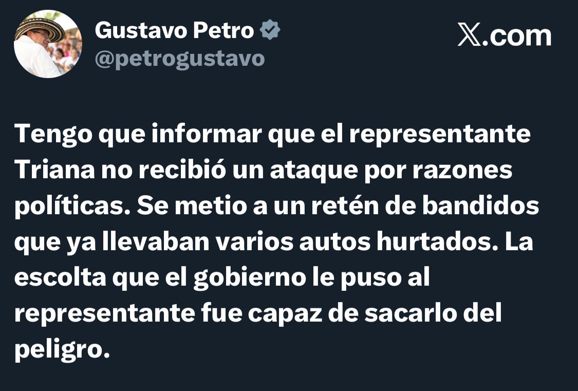 ElTrino.co (@eltrinoco) on Twitter photo #ATENCIÓN 🚨 | El presidente Gustavo Petro (<a href="/petrogustavo/">Gustavo Petro</a>) aclaró que el representante Enrique Triana no fue víctima de un ataque político, sino que se vio involucrado en un retén de delincuentes que ya habían hurtado varios vehículos.
El mandatario destacó que la escolta #ATENCIÓN 🚨 | El presidente Gustavo Petro (<a href="/petrogustavo/">Gustavo Petro</a>) aclaró que el representante Enrique Triana no fue víctima de un ataque político, sino que se vio involucrado en un retén de delincuentes que ya habían hurtado varios vehículos.
El mandatario destacó que la escolta