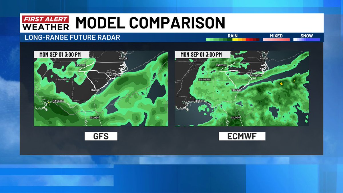 Temperatures will remain below normal through the Labor Day weekend. Rain chances are trickier with a front stalled to our south. Currently a drier scenario is painted by the American model and a wetter solution by the European model. #WECTwx #ILMwx