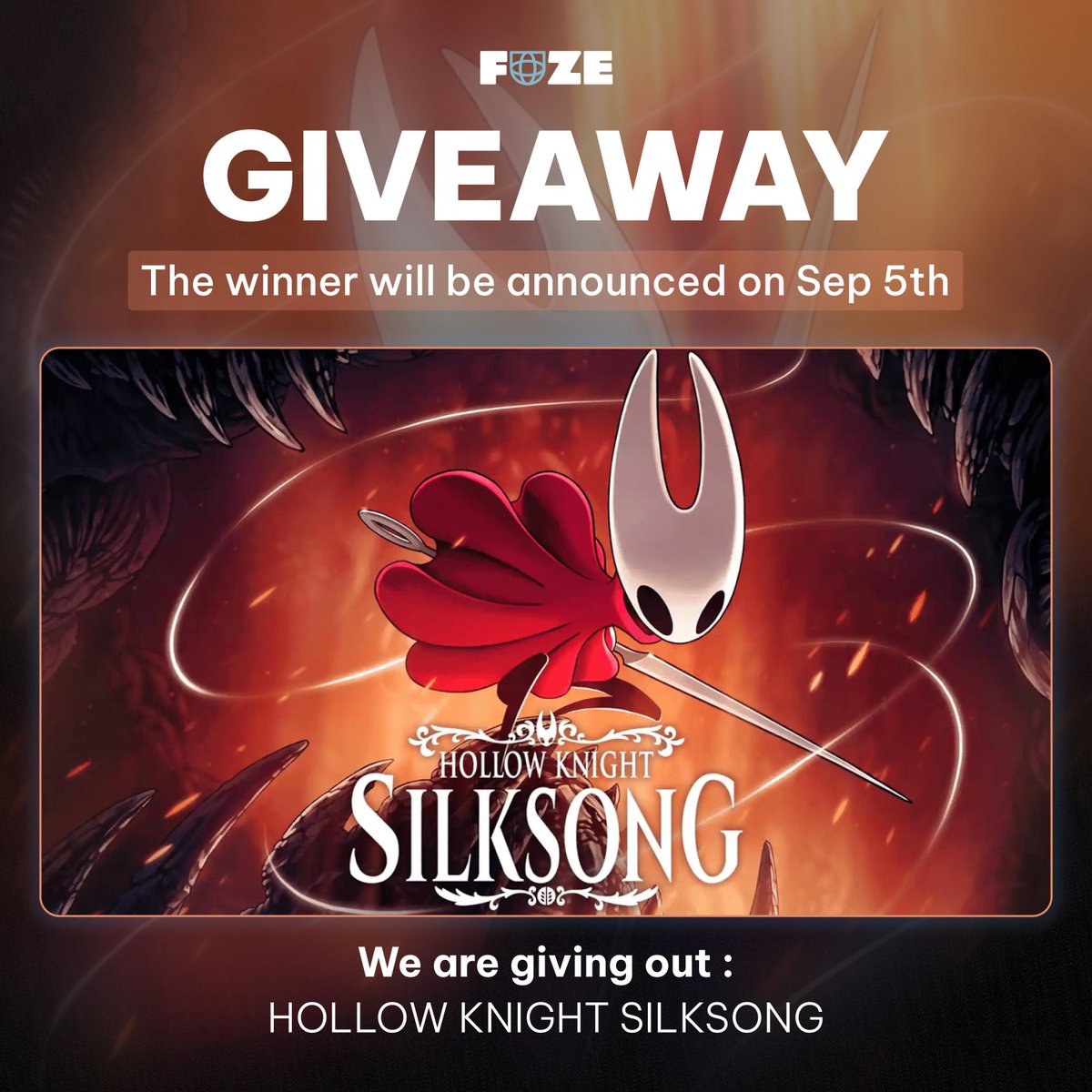 FUZE Gaming (@fuze4gamers) on Twitter photo Hollow Knight Silksong #Giveaway!
We are giving away a STEAM KEY of Hollow Knight Silksong to FUZE community!
To enter :
❤️Like & Share this post
🙌Follow <a href="/fuze4gamers/">FUZE Gaming</a>
💌Comment your favorite Metroidvania game!
We will pick a winner Sep 5th!
fuze.io/community/ Hollow Knight Silksong #Giveaway!
We are giving away a STEAM KEY of Hollow Knight Silksong to FUZE community!
To enter :
❤️Like & Share this post
🙌Follow <a href="/fuze4gamers/">FUZE Gaming</a>
💌Comment your favorite Metroidvania game!
We will pick a winner Sep 5th!
fuze.io/community/