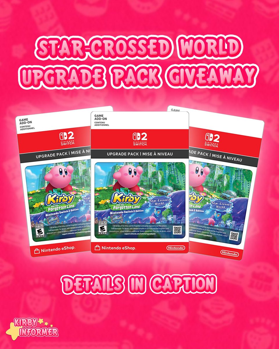 Kirby Informer (@kirbyinformer) on Twitter photo ✨UPGRADE PACK GIVEAWAY✨
To celebrate the release of Star-Crossed World, we are giving away three Kirby and the Forgotten Land Switch 2 Upgrade Pack codes! To enter…
⭐️ Follow <a href="/KirbyInformer/">Kirby Informer</a>
❤️ Like and retweet this post!
🌎 Open worldwide!
🏆 Winners will be chosen Friday! ✨UPGRADE PACK GIVEAWAY✨
To celebrate the release of Star-Crossed World, we are giving away three Kirby and the Forgotten Land Switch 2 Upgrade Pack codes! To enter…
⭐️ Follow <a href="/KirbyInformer/">Kirby Informer</a>
❤️ Like and retweet this post!
🌎 Open worldwide!
🏆 Winners will be chosen Friday!