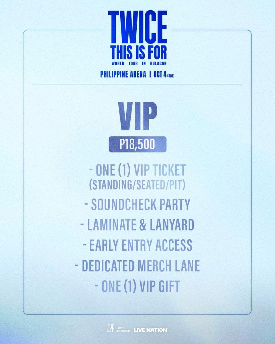 livenationph's tweet photo. LNPH Members, today's the day you Feel Special ✨

LNPH Presale starts at 10AM until 11:59PM! To access, simply sign up at https://t.co/TFXFfjwHBP and log in to your account.

TWICE <THIS IS FOR> WORLD TOUR IN BULACAN
📅 October 4, 2025
📍Philippine Arena

#TWICE #트와이스 #THISISFOR
#TWICE_THISISFOR_WORLD_TOUR