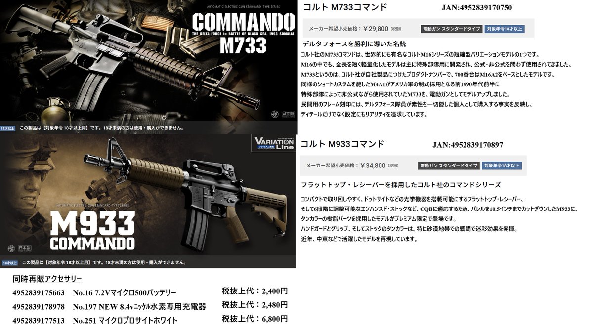 東京マルイさまより9/3再生産のご案内です! 
4952839170750「コルト M733コマンド」
4952839170897「コルト M933コマンド」 
他ﾏｲｸﾛ500ﾊﾞｯﾃﾘｰ/ﾆｯｹﾙ水素充電器/ﾏｲｸﾛﾌﾟﾛｻｲﾄ ﾎﾜｲﾄも同時再販されます！

御予約・お問い合わせは最寄りの小売店様・通信販売店様まで！
