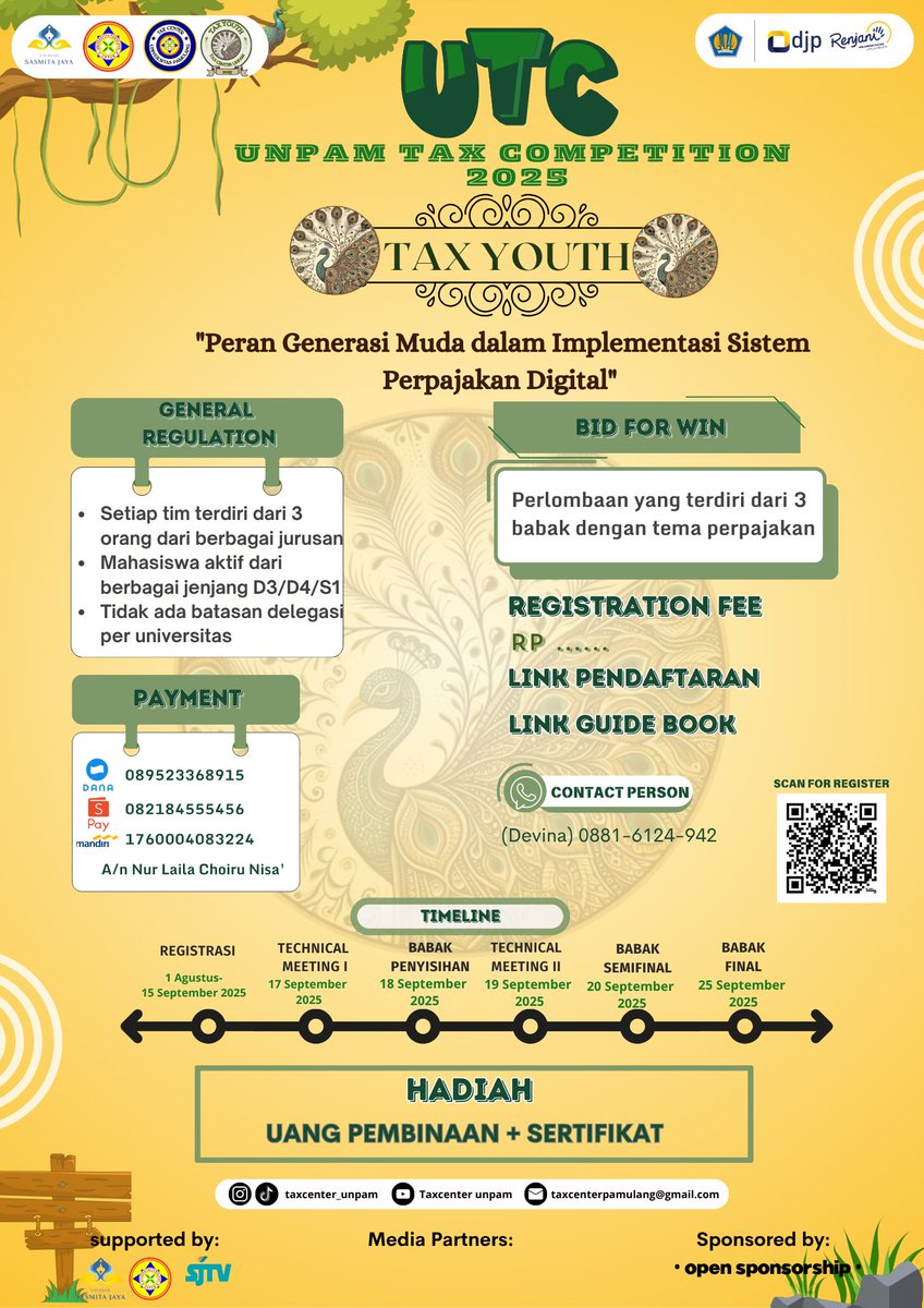 moonastyck's tweet photo. 🦚UTC (Unpam Tax Competition) 2025🦚
Mahasiswa/i se Indonesia yang punya pengetahuan perpajakan, yuk daftar UTC 2025!

🎁Total hadiah jutaan rupiah!
🎯Rangkaian lomba FULL ONLINE
ig: utc_taxcenter atau taxcenter_unpam
Info lebih lanjut: https://t.co/mmXoTXLOuE
*bisa juga dm aku! https://t.co/Iw8cjv7KTv