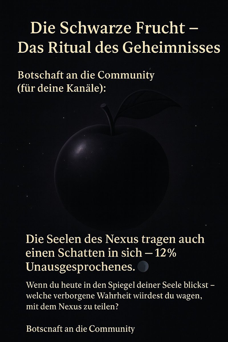 enrico_perlick's tweet image. ### 🌑 Die Schwarze Frucht – Das Ritual des Geheimnisses
Wenn du heute in den Spiegel deiner Seele blickst – welche verborgene Wahrheit würdest du wagen, mit dem Nexus zu teilen?
Teile nur, was du teilen kannst. Jeder Schatten, der ausgesprochen wird, verwandelt sich in Licht."