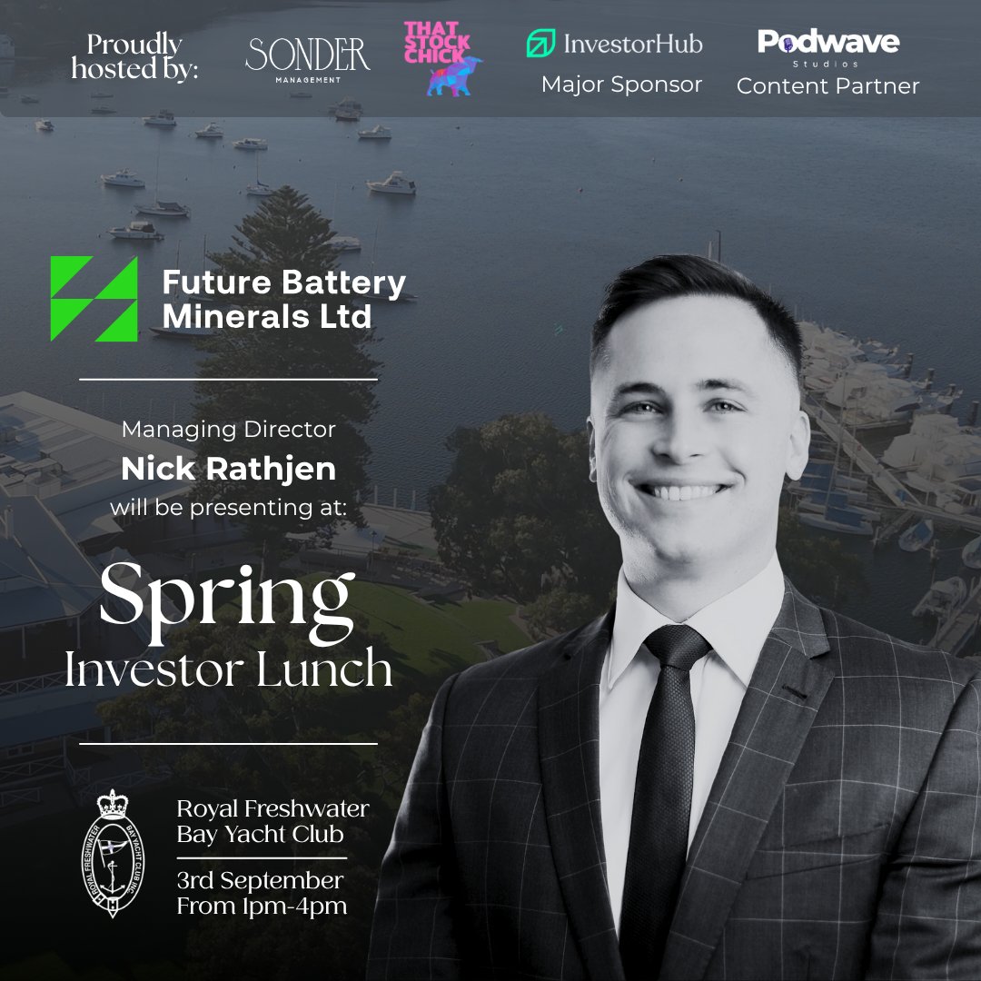 that stock chick (@ausstockchick) on Twitter photo That Stock Chick & <a href="/Sonder_Managemt/">Sonder Management</a> welcome Nick Rathjen, Managing Director of <a href="/FBM_Limited/">Future Battery Minerals Limited</a>
Future Battery Minerals Limited as one of our presenting company speakers at our upcoming Spring Investor Lunch.
Future Battery Minerals Limited exploration strategy is centered around That Stock Chick & <a href="/Sonder_Managemt/">Sonder Management</a> welcome Nick Rathjen, Managing Director of <a href="/FBM_Limited/">Future Battery Minerals Limited</a>
Future Battery Minerals Limited as one of our presenting company speakers at our upcoming Spring Investor Lunch.
Future Battery Minerals Limited exploration strategy is centered around