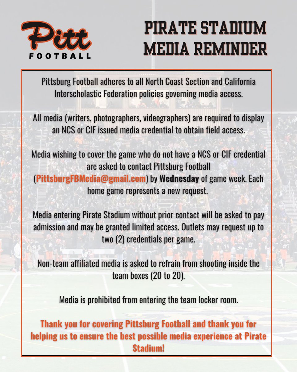 🚨 FOR MEDIA: Pittsburg Football is excited to welcome our media friends back to Pirate Stadium this season. As we work to create the best possible environment for credentialed media, here are a few reminders and policies for working media at Pirate Football games this season.