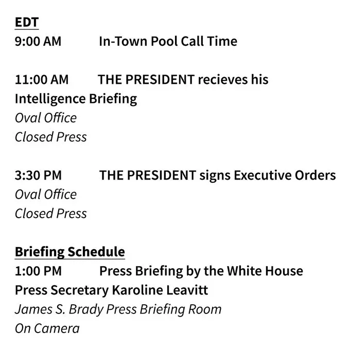 MarioNawfal's tweet image. 🚨🇺🇸 TRUMP SIGNING MYSTERY EXECUTIVE ORDERS THURSDAY AFTERNOON

President schedules 3:30 PM Oval Office signing ceremony for unannounced executive orders. 

Closed press means we'll find out what they are when he wants us to.

Press Secretary Karoline Leavitt briefs at 1 PM.…