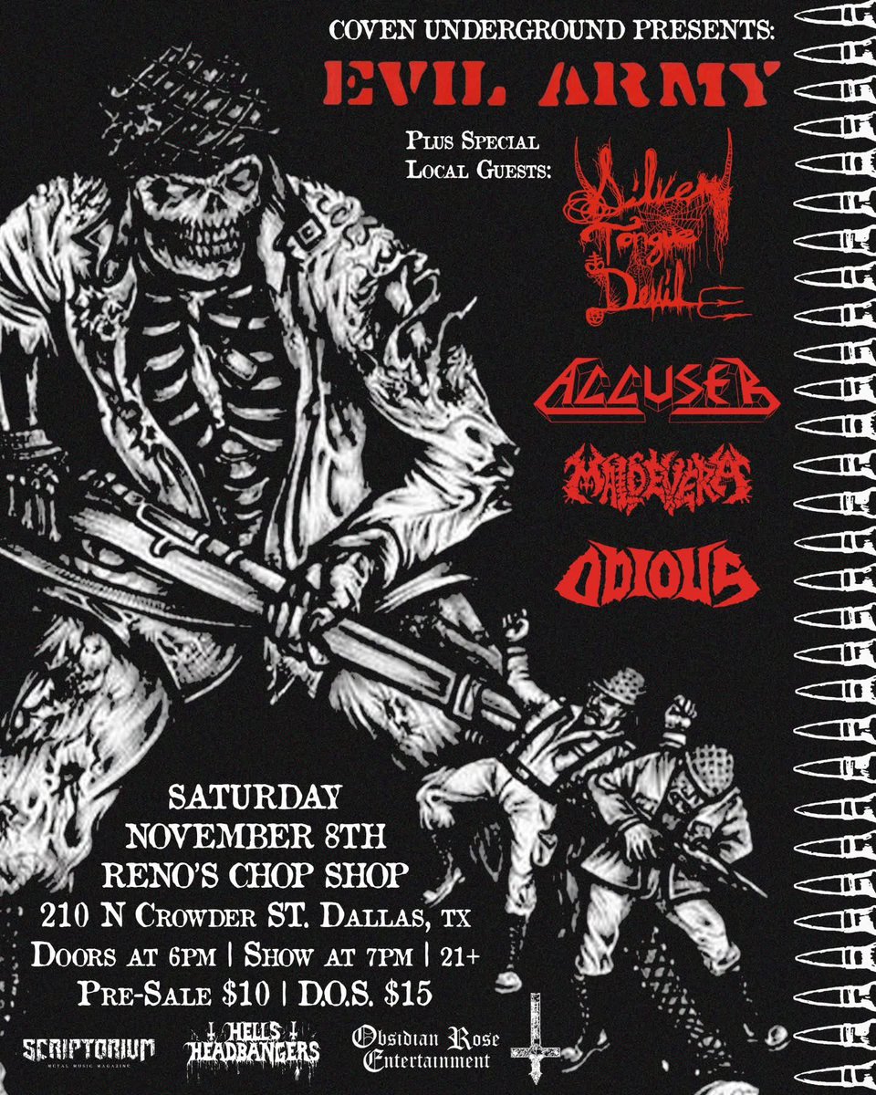 STD is stoked to be a part of this rad lineup of thrash killers. On Saturday November 8th we’ll be bringing devil music to Renos Chop Shop in Deep Ellum TX alongside EVIL ARMY (on tour from Memphis), ACCUSER, MALDEVERA, and ODIOUS. <a href="/TheOneTrueDevil/">Silvertonguedevil</a>