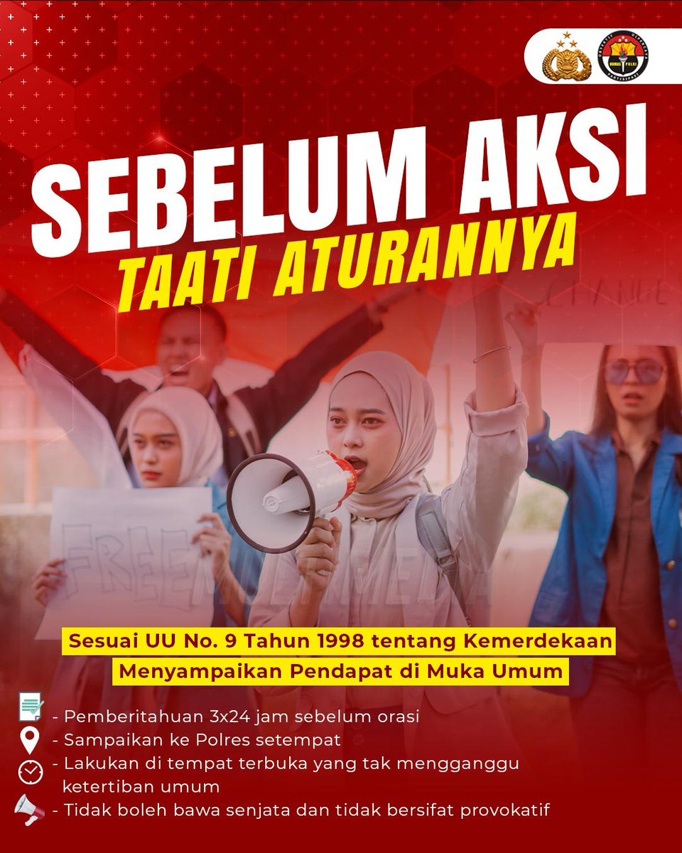 Menyampaikan pendapat di muka umum itu hak setiap warga negara, tapi jangan lupa, ada aturan mainnya, ya Sobat Polri! Dimana orasi tanpa izin bisa dianggap melanggar hukum dan mengganggu ketertiban umum. Pastikan kamu sudah beri pemberitahuan resmi ke kepolisian minimal 3x24 jam