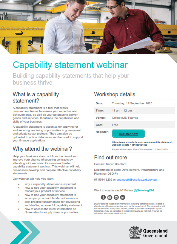 The Department of State Development, Infrastructure and Planning, SEQ South Regional Office is hosting a Capability Statement Webinar to help businesses develop and prepare an effective capability statement.✍️⚙️

🎟️Registration: eventbrite.com.au/e/capability-s…