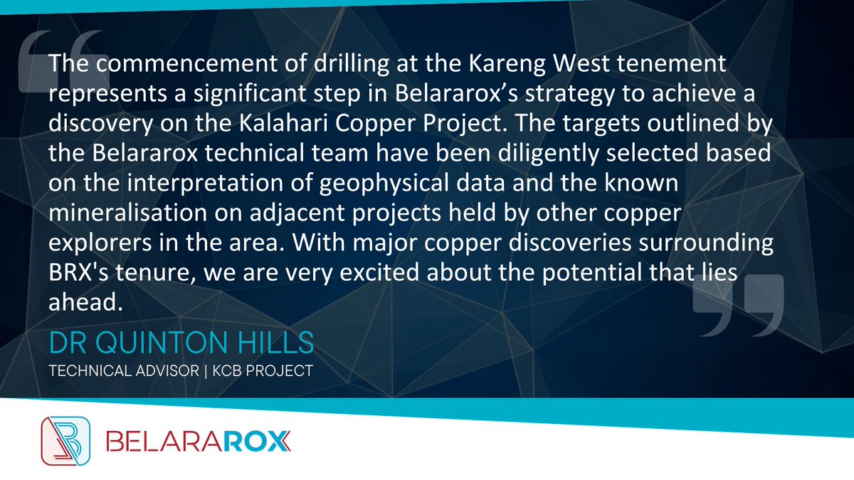 🚀 Drilling has commenced at Belararox’s Kalahari Copper Project (ASX: BRX)!

10 RC holes targeting the critical NPF/DKF contact zone, with 4 of the most promising targets now being tested.

Read more: bit.ly/3JVCKCM

#ASX $BRX #Copper #Mining