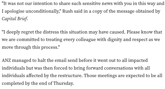 Staff at ANZ — senior managers and 'heads of' roles —  received automated termination emails before they were briefed by their managers