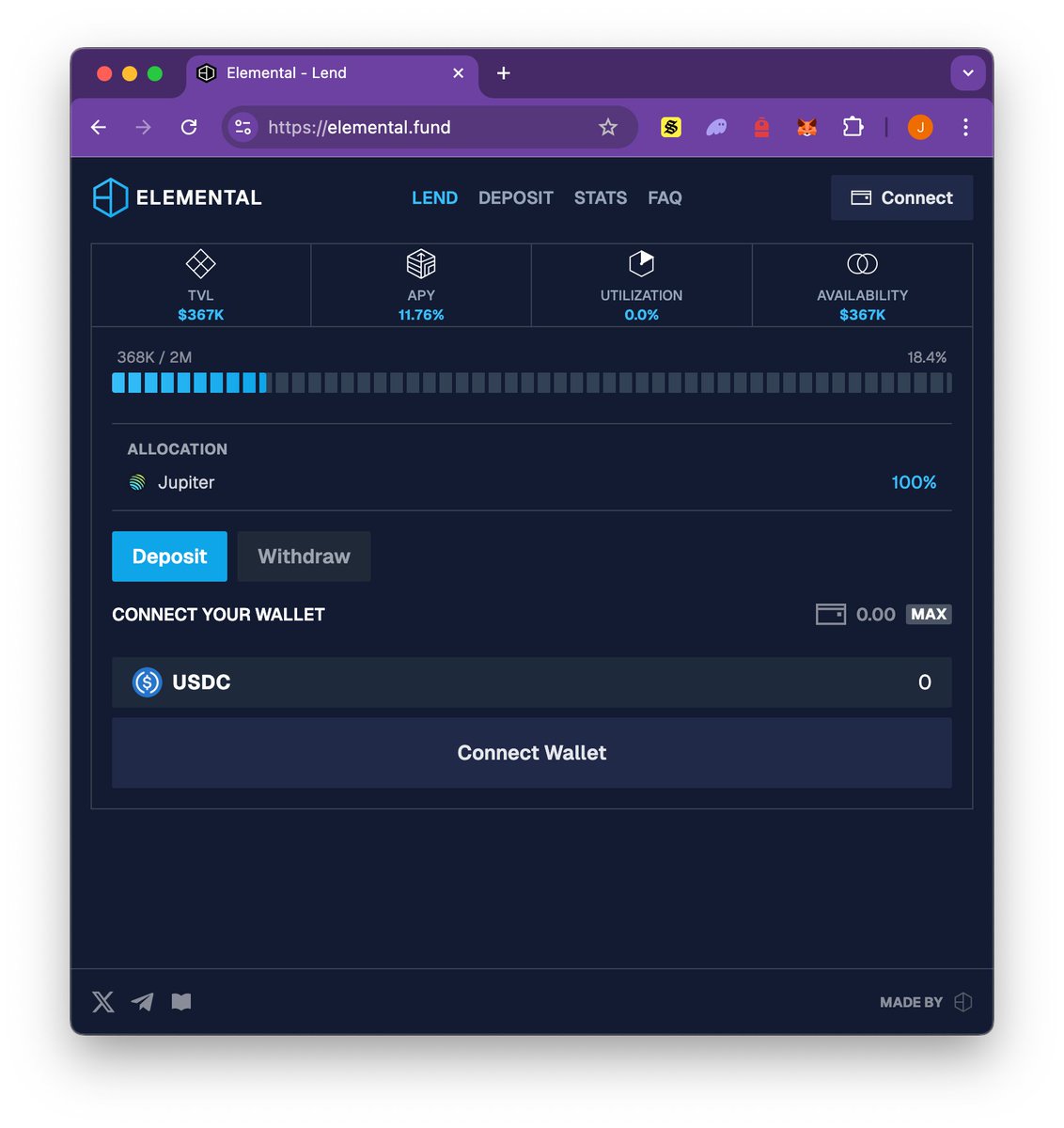 Jupiter Lend launched just 12 hours ago, and Elemental Lend has already started allocating to the USDC pool. Best lending yields on Solana.