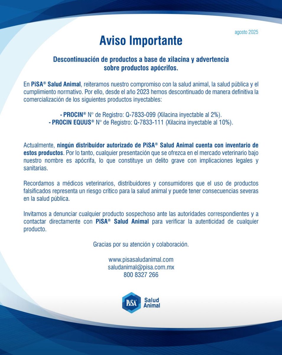 PISA Salud Animal informa que se han descontinuado de manera definitiva la comercialización de los siguientes productos: