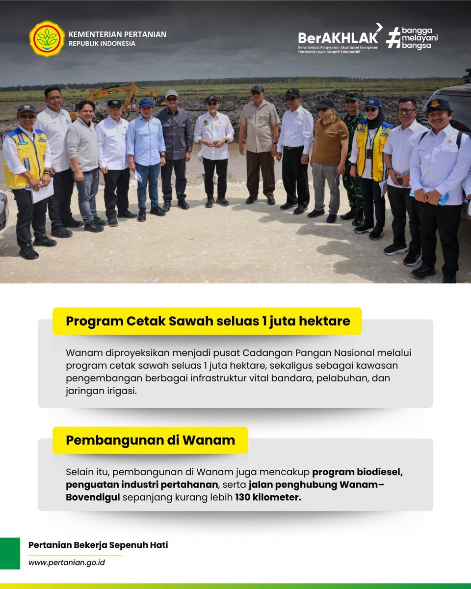 Kementerian Pertanian RI (@kementan) on Twitter photo Pemerintah menetapkan Wanam, Merauke sebagai salah satu Proyek Strategis Nasional (PSN) untuk memperkuat pusat cadangan pangan nasional.
#pertanianindonesia #cetaksawahwanam #pertanianpapua Pemerintah menetapkan Wanam, Merauke sebagai salah satu Proyek Strategis Nasional (PSN) untuk memperkuat pusat cadangan pangan nasional.
#pertanianindonesia #cetaksawahwanam #pertanianpapua