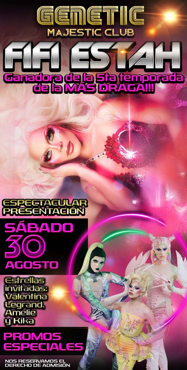 Espectaculares invitadas para la noche de de FIFIESTAH llegan al escenario de Genetic este 30 de Agosto. Valentina, Amelie y Kika seran las encargadas de sacarnos los prohibidos.