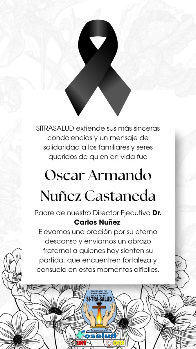 Como SITRASALUD compartimos su tristeza y nos unimos a su dolor, deseándoles fortaleza y consuelo a sus seres queridos...