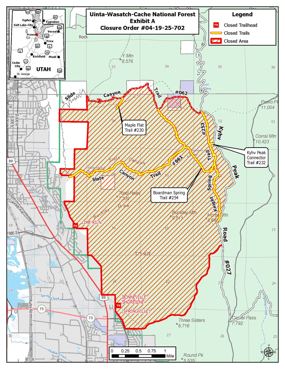 #uwcnf temporary area closure for #BuckleyDrawFire has been reduced to allow public access to Slide Canyon Trail, Y Trail, and Kyhv Peak Road. The closure remains in effect for public safety during continued suppression efforts and suppression repair. fs.usda.gov/r04/uinta-wasa…
