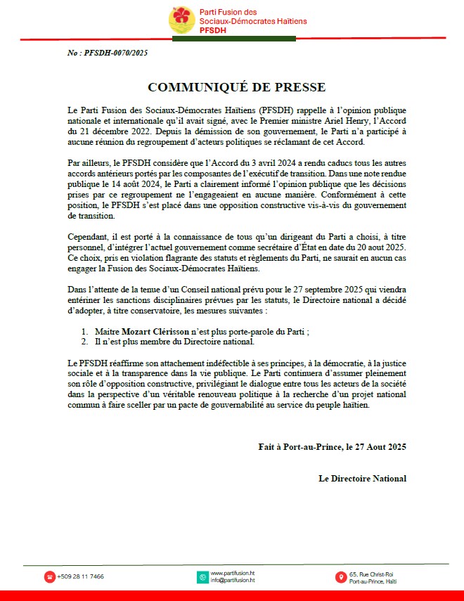📢 #PFSDH – Déclaration officielle :
Le Parti confirme son rôle d’opposition constructive et se dissocie des décisions issues de l’Accord du 21 décembre 2022.
❌ Mozart Clérisson n’est plus porte-parole ni membre du Directoire.
✅ Le PFSDH reste fidèle à ses valeurs.