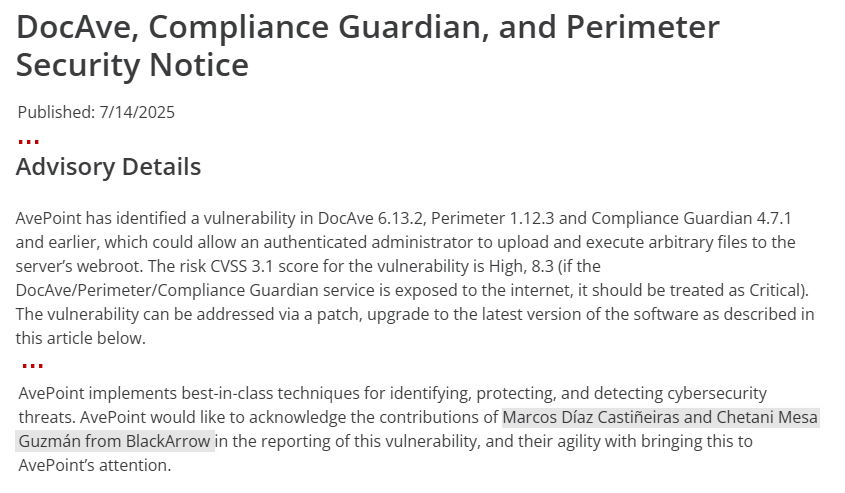 AvePoint has fixed a vulnerability in DocAve, Perimeter and Compliance Guardian discovered by our researchers <a href="/m1ntko/">mintko</a> and <a href="/Calvaruga/">Marcos Díaz</a>.

This vulnerability can be used to achieve Remote Code Execution (RCE) in affected systems.

➡️ Advisory: avepoint.com/company/docave…