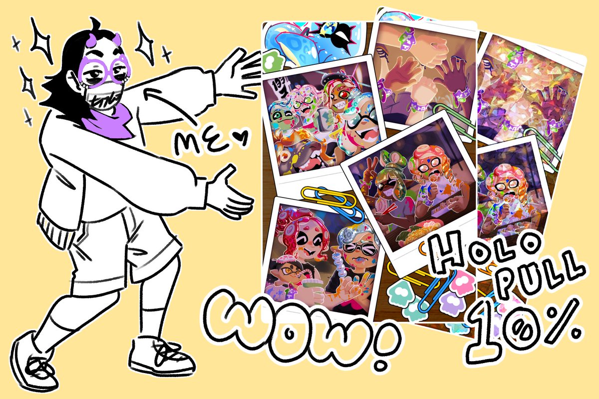 ✨COME GET MY CARD A RIPTIDE '25!✨
<a href="/splatLANart/">Splatoon LAN Artist Community</a> 

whats a better way to remember the good times than pics? getchur grand fest polaroids card!

find me in horns and shorts- including hunting me for sport sometime later today!

#splatoon #riptide2025