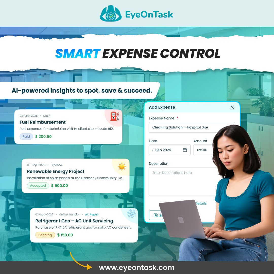 EyeOnTask's tweet image. Keep an eye on your employee's expenses with a smart expense control!
Know how? Click here- eyeontask.com/field-service-…
#expensemanagement #expensecontrol #fieldservice #fielservicemanagement #fieldservicesoftware