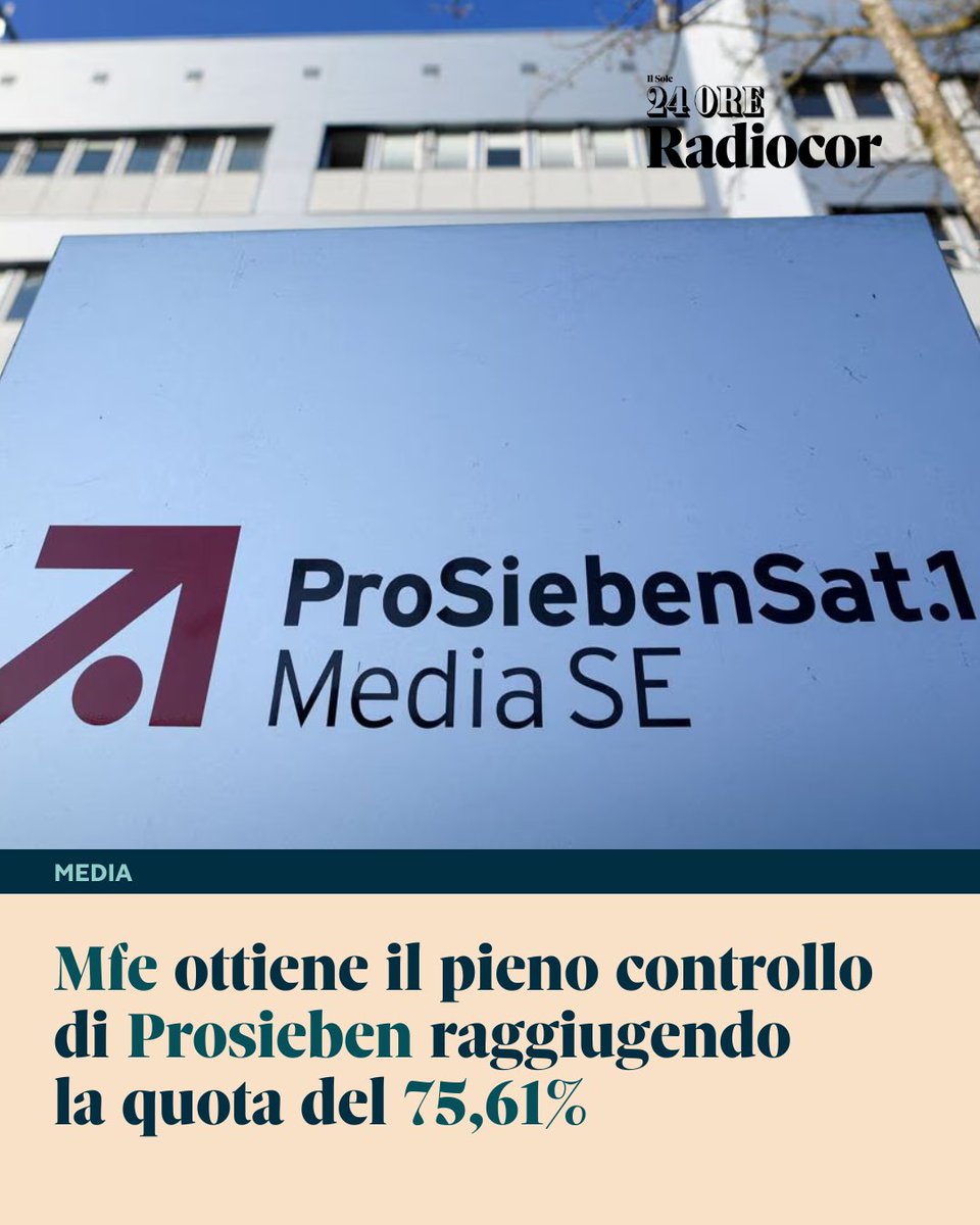 Il Sole 24 ORE Radiocor (@24oreradiocor) on Twitter photo 👥 #Mfe ottiene il pieno controllo di #ProSieben raggiungendo una quota del 75,61%. 💶 Questo il risultato dell'#opas lanciata dal gruppo di Pier Silvio Berlusconi sul broadcaster bavarese. 🔗 Leggi qui: shorturl.at/8ioaJ 👥 #Mfe ottiene il pieno controllo di #ProSieben raggiungendo una quota del 75,61%. 💶 Questo il risultato dell'#opas lanciata dal gruppo di Pier Silvio Berlusconi sul broadcaster bavarese. 🔗 Leggi qui: shorturl.at/8ioaJ