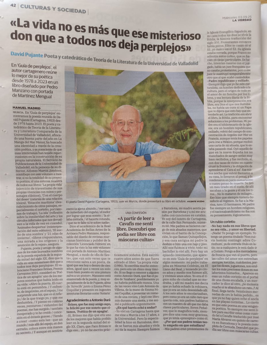 El miércoles, 3 de septiembre, dedican en LA VERDAD un extenso artículo al libro GUÍA DE PERPLEJOS de David Pujante, publicado por Ediciones Universidad de Valladolid en su colección Licenciado Vidriera.
acortar.link/gfcpgI