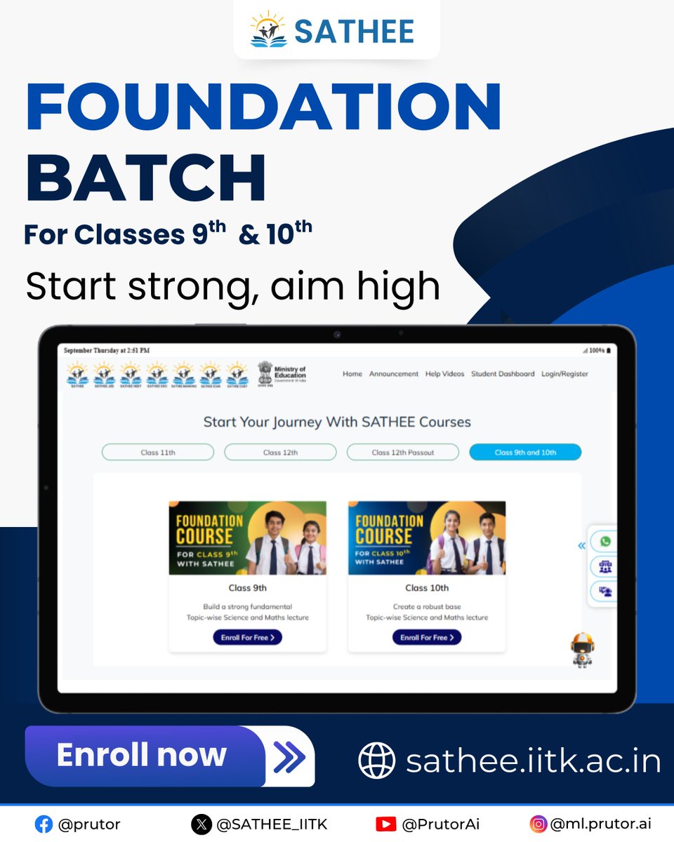 SATHEE_IITK's tweet image. Enroll in SATHEE’s free Foundation Batch and boost up your Class 9 &amp;amp; 10 preparation.
Enroll - sathee.iitk.ac.in
#Sathee #FoundationBatch #Class9 #Class10 #FreeCoaching #onlinelearningplatform #education #StudentSuccess