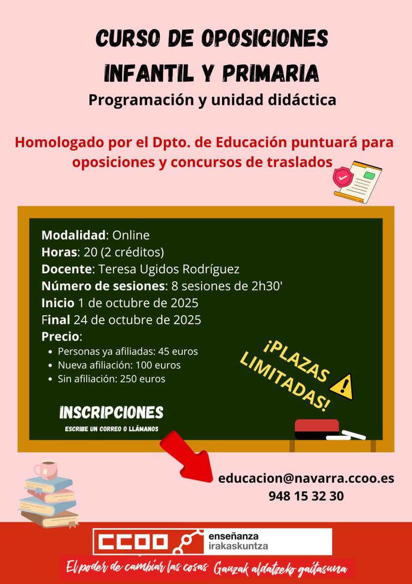 📚Prepárate con el curso homologado de CCOO
 
🔹Curso homologado para Educación Infantil y Primaria
🔹 20 horas de formación reconocida (válido como formación permanente del profesorado)
🔹 8 sesiones de 2h 30 min

 🗓 Fechas: del 1 al 24 de octubre

 🕥 Días: miércoles y viernes