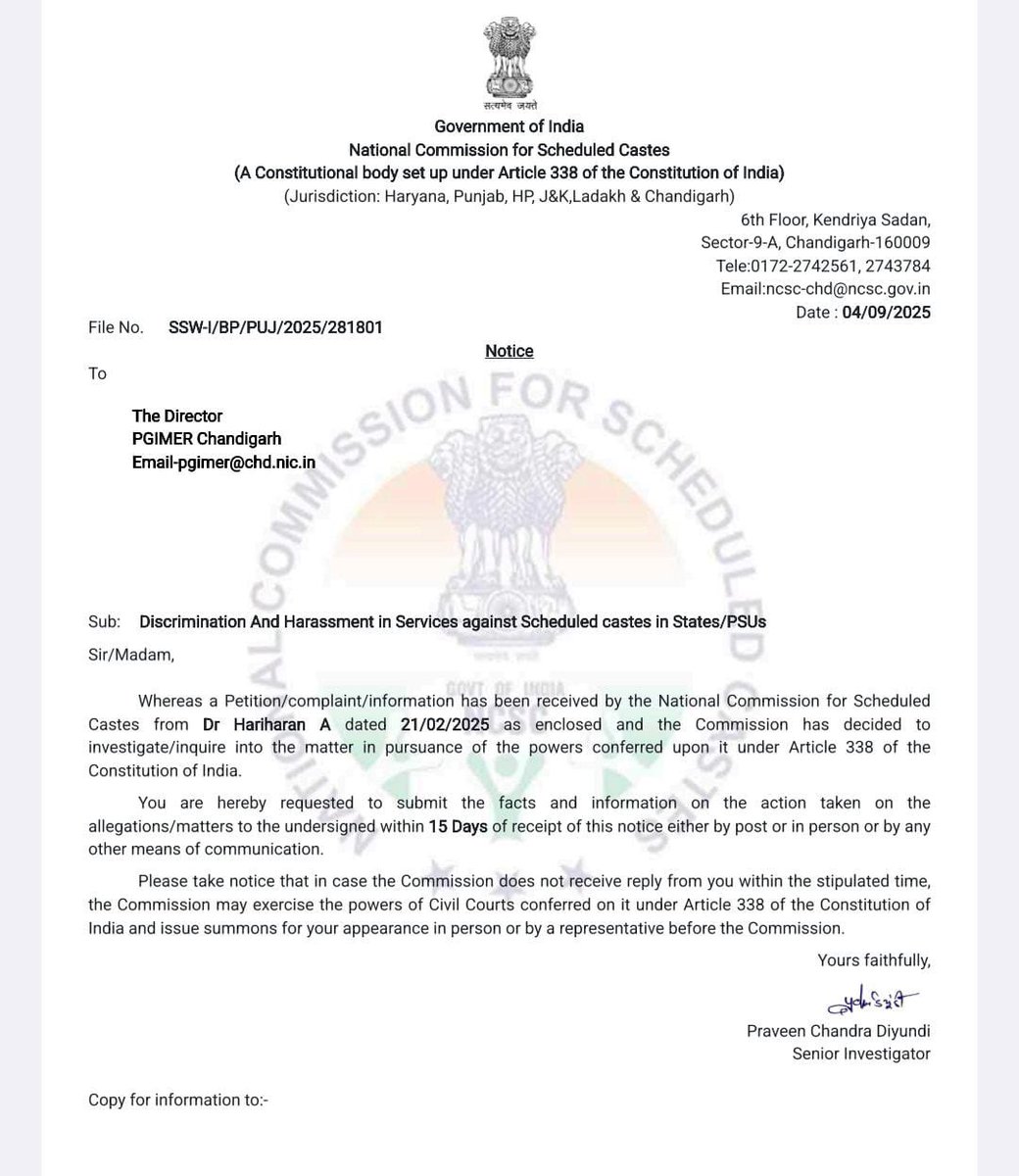 DR.LAKSHYA MITTAL (@drlakshyamittal) on Twitter photo 🚨 अनुसूचित जाति उत्पीड़न मामला—
PGIMER Chandigarh under scanner!
National Commission for Scheduled Castes <a href="/NCSC_GoI/">National Commission for Scheduled Castes</a> issues notice over discrimination & harassment of SC employees.
⚖️ Reply in 15 days or face Civil Court powers.
Discrimination has no place in Bharat 🇮🇳 🚨 अनुसूचित जाति उत्पीड़न मामला—
PGIMER Chandigarh under scanner!
National Commission for Scheduled Castes <a href="/NCSC_GoI/">National Commission for Scheduled Castes</a> issues notice over discrimination & harassment of SC employees.
⚖️ Reply in 15 days or face Civil Court powers.
Discrimination has no place in Bharat 🇮🇳