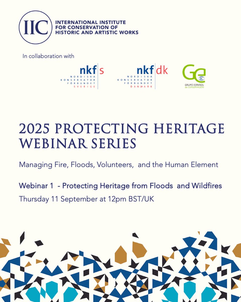 Join us on 11 September for the first session of the 2025 Protecting Heritage webinar series, focusing on floods and wildfires. 

Register here: buff.ly/vR12Nk9

This is an IIC member and IIC Regional Group members-only event. 
Become a member: buff.ly/JXMKXPs