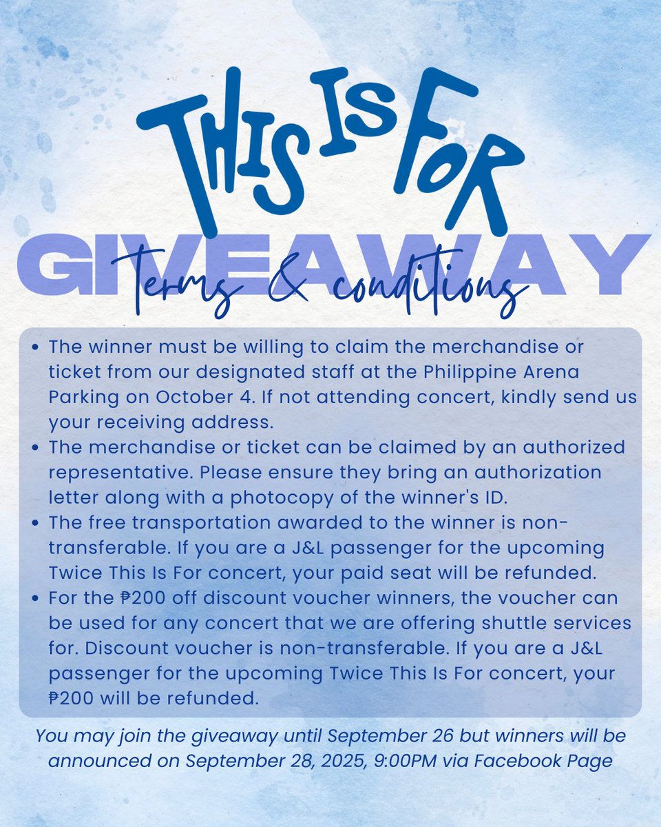 TWICE &lt;THIS IS FOR&gt; WORLD TOUR IN BULACAN GIVEAWAY 💙🍭

*Heart and repost this
*Follow the social media accounts stated
*Repost this: x.com/jandlcarpool/s…
*Reply “done”

Check photos for the prizes and t&amp;cs ✨

#TWICE #TWICE_THISISFOR_WORLD_TOUR #THISISFORINBULACAN #THISISFOR