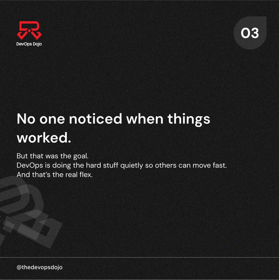 thedevopsdojo's tweet image. Turns out DevOps isn’t just pipelines and deploys.
It’s Slack threads, silent fixes, and doing work no one sees - until it breaks.
Here’s what 30 days of tracking taught me.
#DevOpsReality #CareerInTech #TheDevOpsDojo