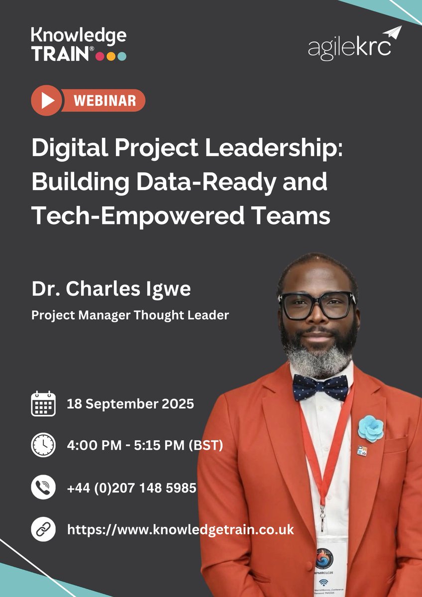 KnowledgeTrain's tweet image. Join our webinar with Dr. Charles Igwe on digital project leadership. Learn proven ways to build data-ready, tech-savvy teams and drive #digitalchange.

Register now to secure your place.
vist.ly/45khd

#KnowledgeTrainWebinar #DigitalLeadership #TeamCulture