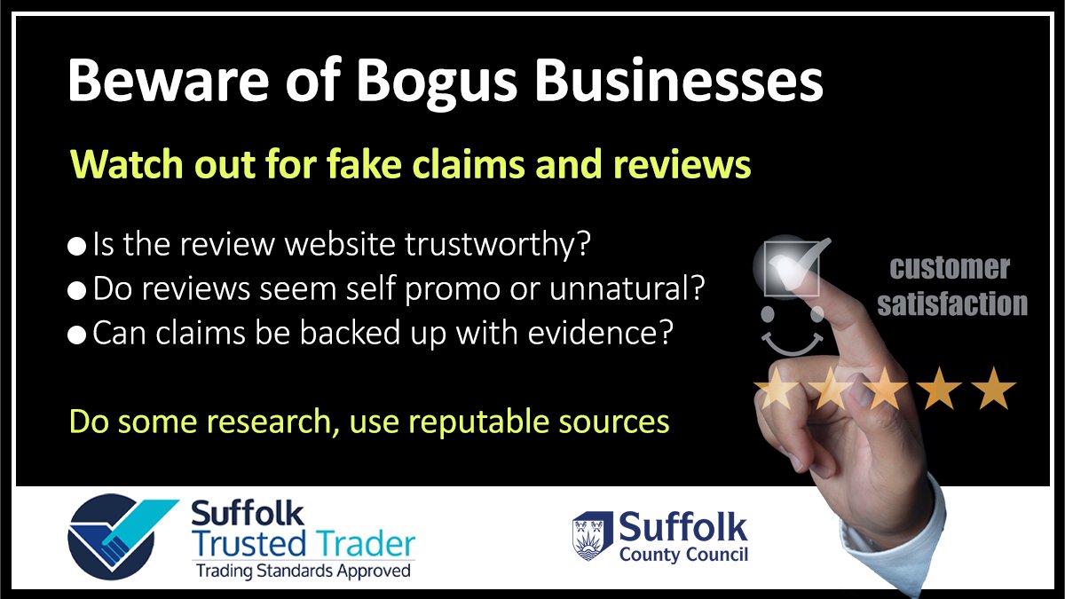 SuffolkTS's tweet photo. It's #TrustedTraderWeek, be sceptical of online claims and reviews. Trading Standards Trader schemes are professionally moderated and monitored.

See if there are any Trading Standards Approved businesses in your area, visit https://t.co/5Eszkmb6mp 

#TrustedTrader https://t.co/QKxdpYLe5k