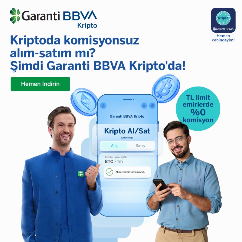 garantibbvakrp's tweet photo. Kriptoda komisyonsuz alım-satım mı? Garanti BBVA Kripto’yu hemen indirin.