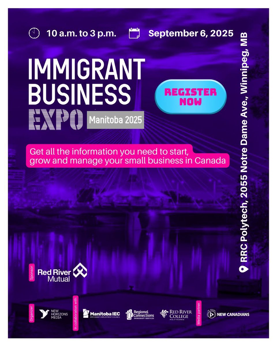Attention #NewcomerEntrepreneurs in &amp; around #Winnipeg! Attend the #free #ImmigrantBusinessExpoManitoba at RRC Polytech on Sep 6 &amp; benefit from workshops, panel discussions, a marketplace &amp; small business clinics. 

Register now: buff.ly/JpUxXTh

#Manitoba #Canada