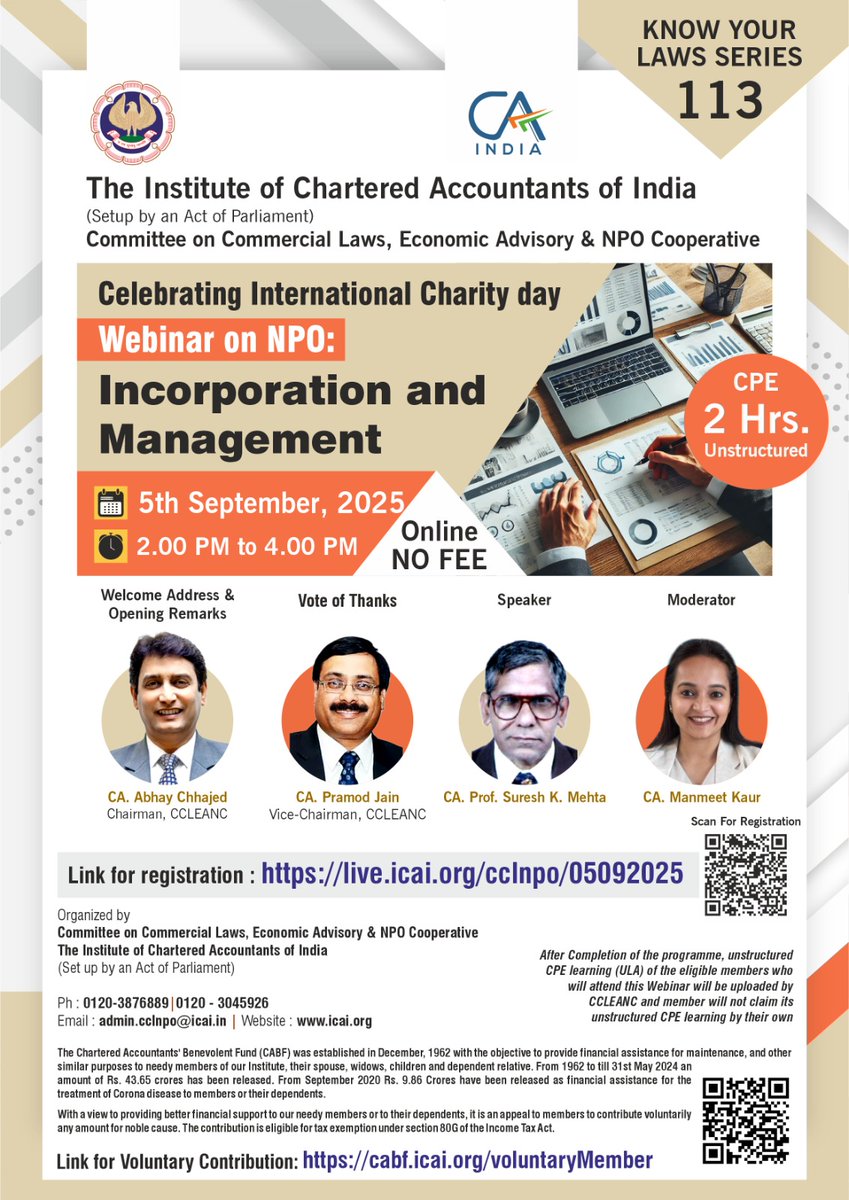 𝐊𝐧𝐨𝐰 𝐘𝐨𝐮𝐫 𝐋𝐚𝐰𝐬 𝐒𝐞𝐫𝐢𝐞𝐬 - 113: Celebrating International Charity day. Webinar on NPO: Incorporation and Management’’on 5th September, from 2 PM - 4 PM, being organised by <a href="/CCLEANC_icai/">CCLEANC of ICAI</a> <a href="/theicai/">Institute of Chartered Accountants of India - ICAI</a> 

Link: live.icai.org/cclnpo/05092025
