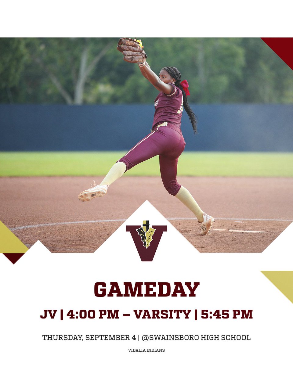 SOFTBALL GAMEDAY
Vidalia faces Swainsboro on the road this afternoon.

📅 Thursday, September 4
⏰ JV – 4:00 PM | Varsity – 5:45 PM
📍 Swainsboro High School

#GoIndians