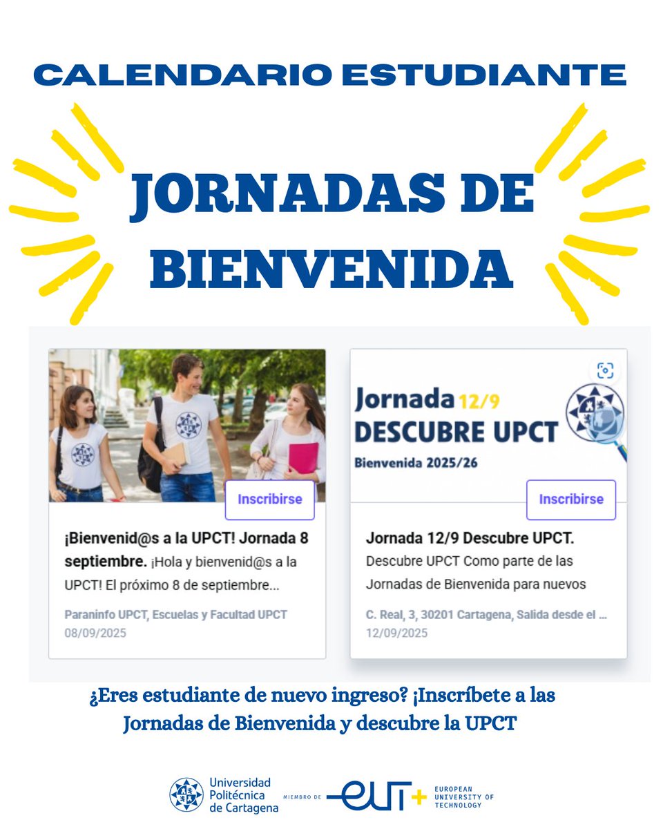 Servicio de Atención al Estudiante UPCT (@saeupct) on Twitter photo 🎓¿Eres estudiante de nuevo ingreso?
¡No te pierdas las Jornadas de Bienvenida UPCT!
Apúntate y empieza tu vida universitaria con buen pie 
Conoce tu uni, tus compis y todo lo que te espera 
👉Inscríbete en:  eventos.upct.es/eventos-estudi…
#BienvenidaUPCT #UPCT2025 #SomosUPCT 🎓¿Eres estudiante de nuevo ingreso?
¡No te pierdas las Jornadas de Bienvenida UPCT!
Apúntate y empieza tu vida universitaria con buen pie 
Conoce tu uni, tus compis y todo lo que te espera 
👉Inscríbete en:  eventos.upct.es/eventos-estudi…
#BienvenidaUPCT #UPCT2025 #SomosUPCT