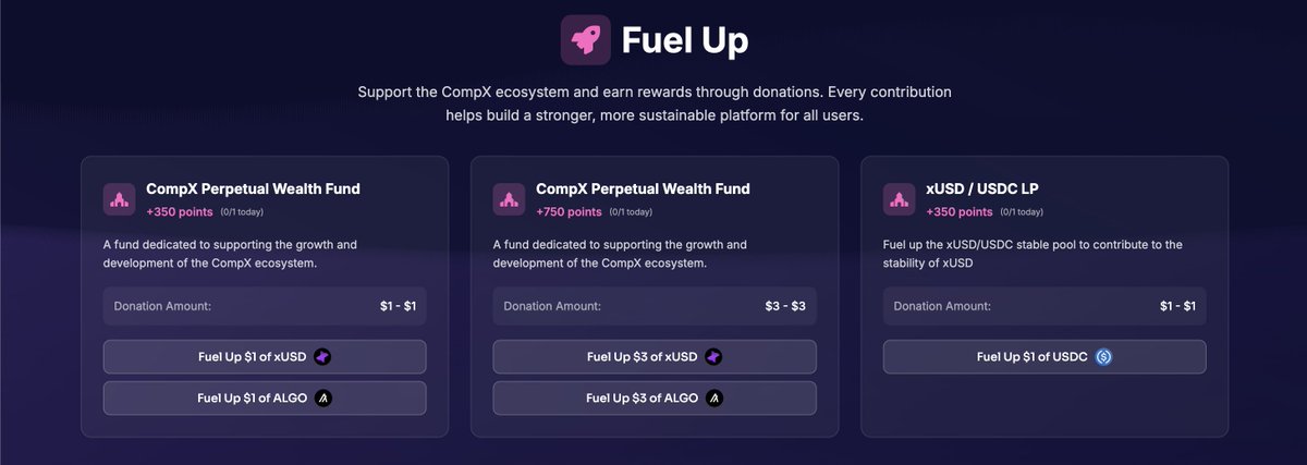 Compxlabs's tweet image. 🔥 New ways to earn reward points on CompX: Fuel Ups!
Support the ecosystem & boost your points:
💎 $1 or $3 to the CompX Perpetual Wealth Fund (ALGO / xUSD)
⚖️ $1 to the xUSD/USDC liquidity pool (USDC)
Every contribution strengthens the platform & earns you rewards 🚀