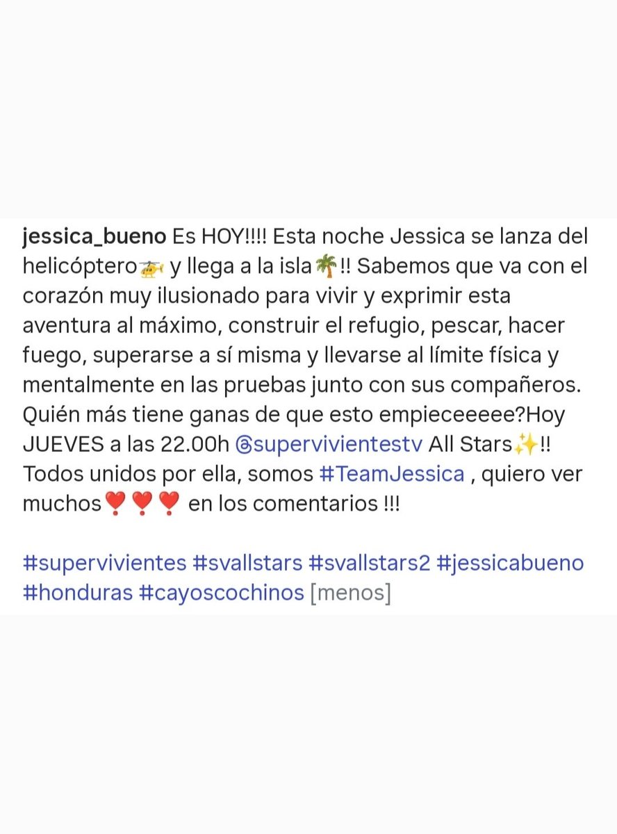 Es HOY!!! Quién más tiene ganas de que esto empiece???? Mucha suerte a nuestra Jessica en su salto🚁 y primera gala !!! #TeamJessica ❣️ #SVAllstars2 #Supervivientes